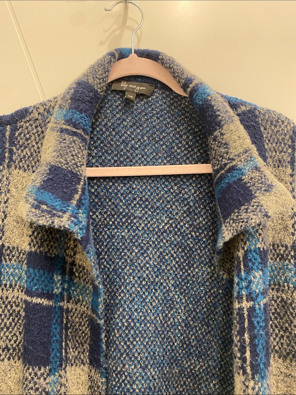 Lily Morgan L Blue Gray Plaid Open Front Coatigan | Oversized Chunky Knit - Picture 11 of 11